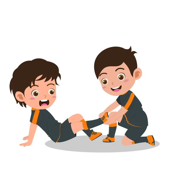足球中可爱男孩腿痛的卡通 — 图库矢量图片