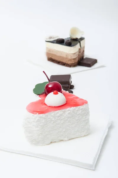 Cake Heart Cherry Cream White Background — Stock Photo, Image
