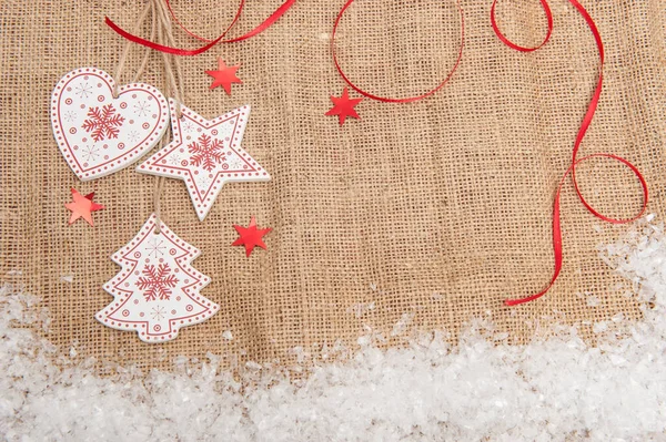 Wooden Christmas Decorations Background Burlap Artificial Snow — Stock Photo, Image