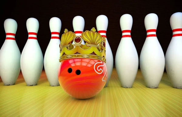 bowling pins and a red bowling ball in a golden crown 3D render on a bowling alley