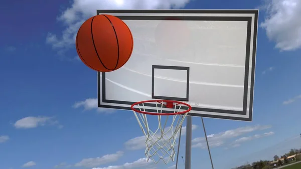 basketball ball hits the basketball net on the sky background 3D render