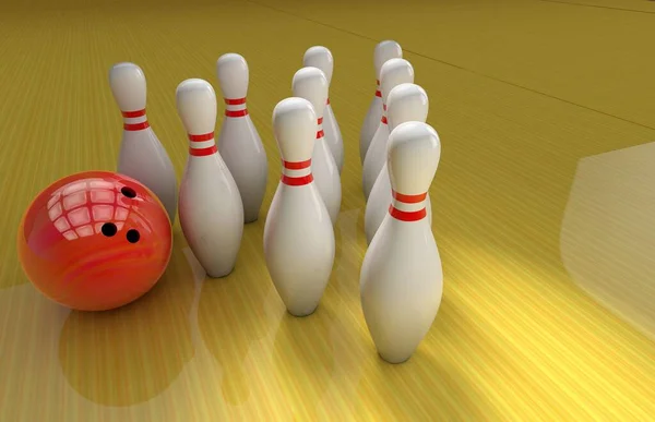 A group of bowling skittles stands near a red bowling ball on a lane 3D render