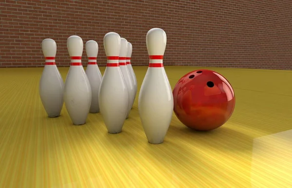A group of bowling skittles stands near a red bowling ball on a lane 3D render