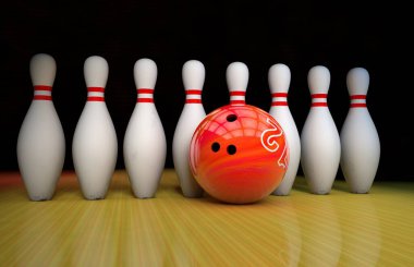 A group of bowling skittles stands near a red bowling ball on a lane 3D render