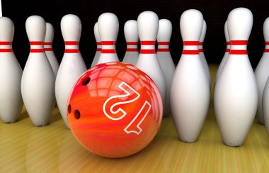 A group of bowling skittles stands near a red bowling ball on a lane 3D render