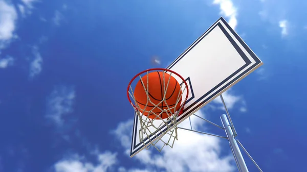 basketball ball hits the basketball net on the sky background 3D render