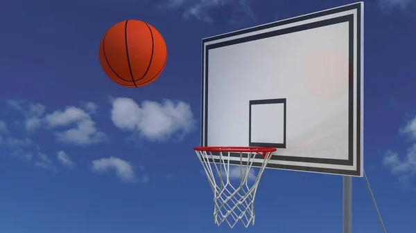 Basketball Ball Hits Basketball Net Sky Background Render — Stock Photo, Image