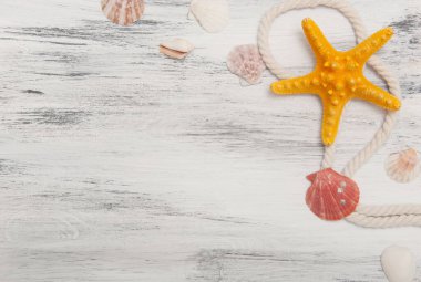 Deniz yıldızı, deniz kabuğu ve iple soyut gri arkaplan