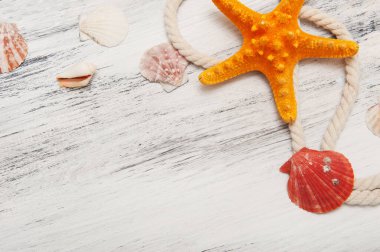 Deniz yıldızı, deniz kabuğu ve iple soyut gri arkaplan