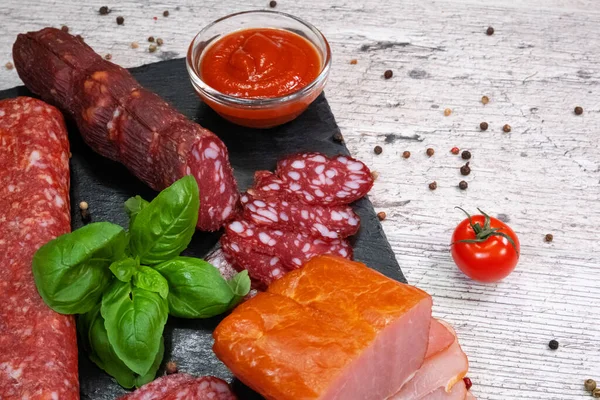 Antipasti Different Types Sausages Lard Graphite Board Ketchup Tomatoes Top — Stock Photo, Image