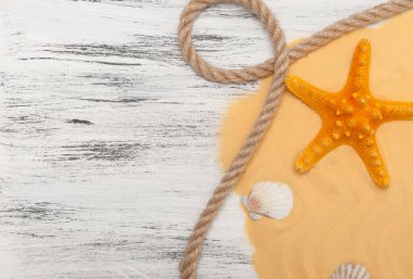 Deniz yıldızı, deniz kabuğu ve iple soyut gri arkaplan