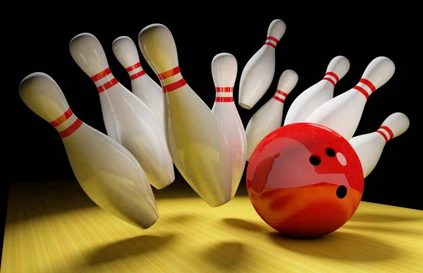 Bowlingové Kuželky Bowlingová Koule Červená Vykreslování — Stock fotografie