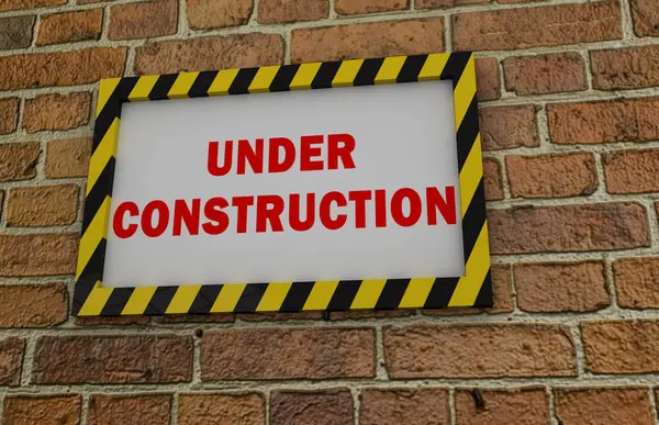 レンガの壁の建設サインの下 3Dレンダリング — ストック写真