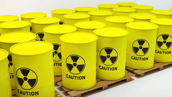 白色底座上有辐射危险标志的托盘上的黄色铁桶 3D渲染 — 图库照片
