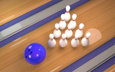 Çiviler bowling topuyla bovling sahasında duruyor. 3B görüntüleme