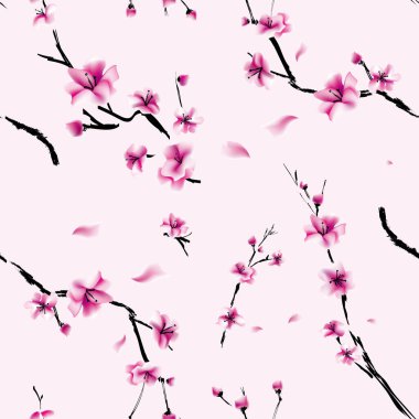 Bahar kiraz çiçeği açan çiçek buketi. İzole pembe yapraklar, çiçekler, dallar, yapraklar. Bahar ağacı illüstrasyonunu tasarla