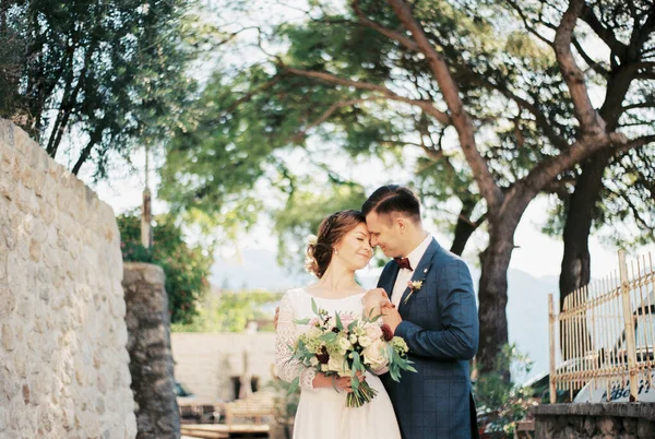 Vőlegény Öleli Boldog Menyasszonyt Kerítés Mellett Kiváló Minőségű Fénykép — Stock Fotó