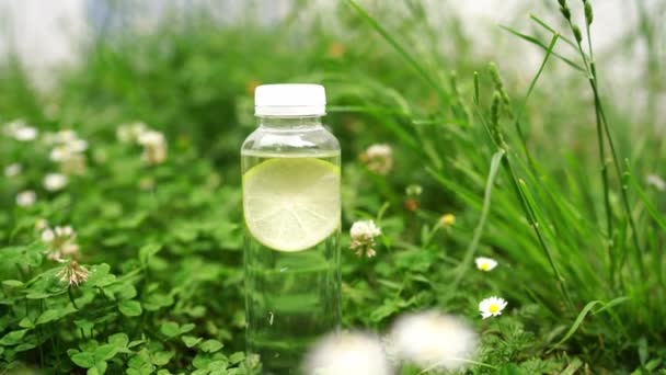 Кусок Лимона Кружится Бутылке Водой Стоящей Зеленой Траве Высококачественные Кадры — стоковое видео