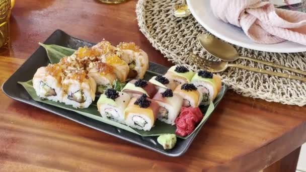 Set Sushi Rolls Stands Rectangular Plate Table High Quality Footage — Stockvideo