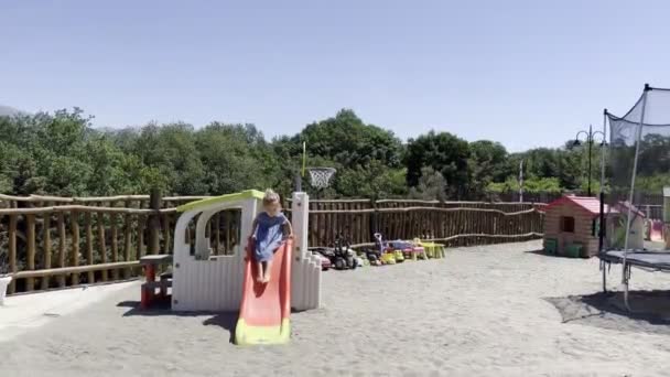 Little Girl Slides Slide Playground Surrounded Green Trees High Quality — Stock video