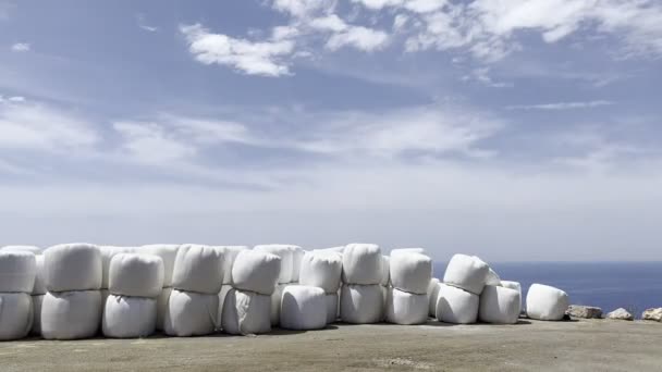 Large White Bales Stacked Top Each Other Lie Ground High — Video Stock