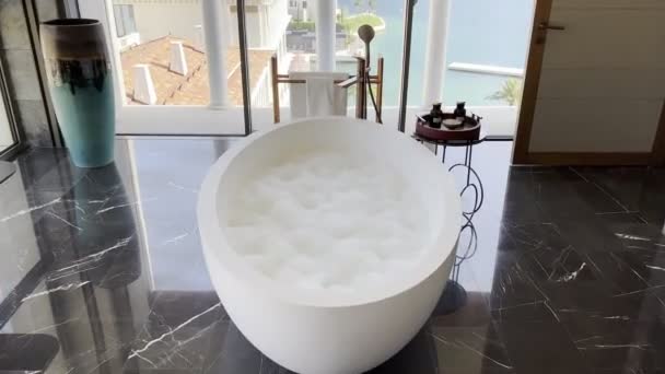 Small Bath Bowl Foam Panoramic Window Hotel High Quality Footage — Wideo stockowe