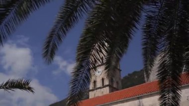 Aziz Niklas Kilisesi 'nin palmiye dallarından bak. Perast, Karadağ. Yüksek kaliteli FullHD görüntüler