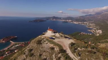 Church of St. Sava with an observation deck over the Bay of Kotor. Drone. High quality 4k footage