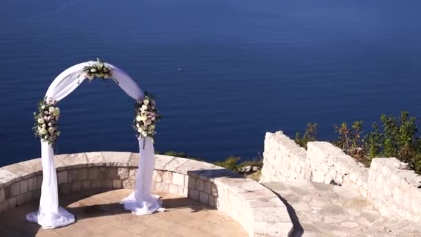 Wedding Arch Stands Mountain Overlooking Island Sveti Stefan High Quality — Wideo stockowe