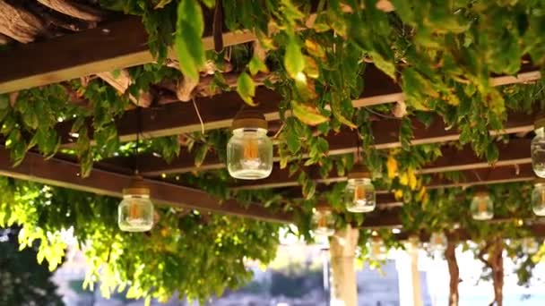 Lamps Hang Wooden Beams Pergola Green Leaves High Quality Fullhd — Stockvideo