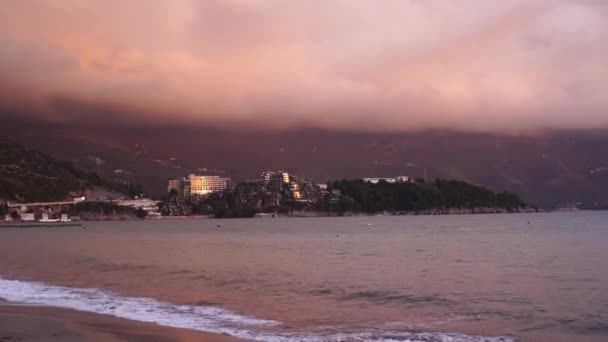 View Sea Hotel Dukley Backdrop Pink Sky Budva Montenegro High — Stockvideo