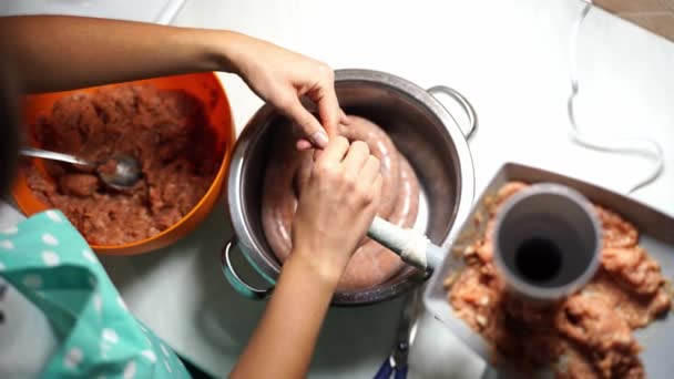 Housewife Cuts Piece Intestine Scissors Ties Stuffed Sausage High Quality — Video Stock
