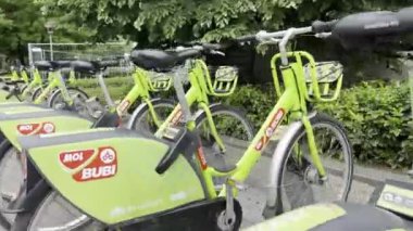 Bicycle parking on the street of Budapest. Hungary. High quality 4k footage