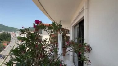 View through a blooming pink oleander bush on the balcony at a wedding dress hanging on a hanger. High quality 4k footage