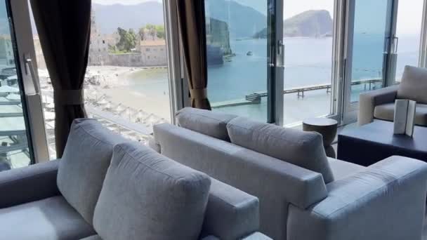 View Sveti Stefan Island Terrace Glass Enclosed Restaurant High Quality — Video Stock