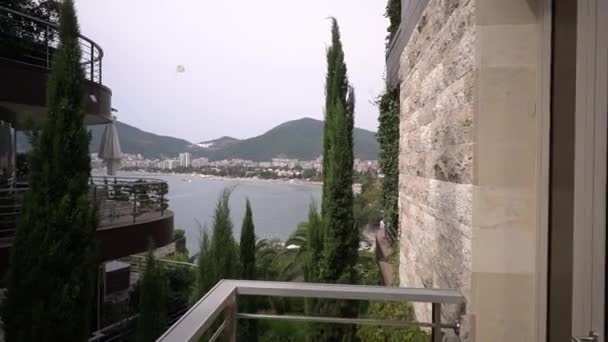 View Balcony Wedding Dress Hanging Hanger Terrace Hotel High Quality — Stockvideo