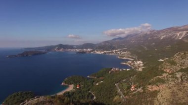 Green trees on the coast of the sea at the foot of the mountains. High quality 4k footage