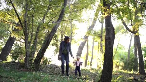 Мама Маленькою Дівчинкою Гуляє Сонячному Парку Серед Дерев Високоякісні Кадри — стокове відео