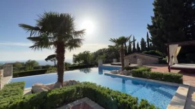 Green palm trees grow around the pool with turquoise water. High quality 4k footage