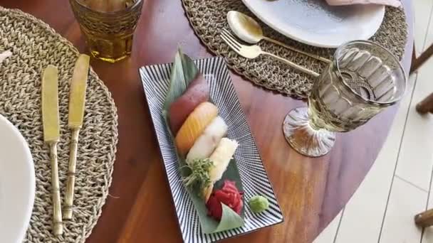 Nigiri Set Rectangular Dish Wasabi Ginger Stands Laid Table High — Stok video