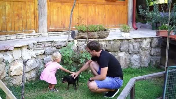 Dad Little Girl Petting Small Dog Wagging Its Tail Path — Stok video