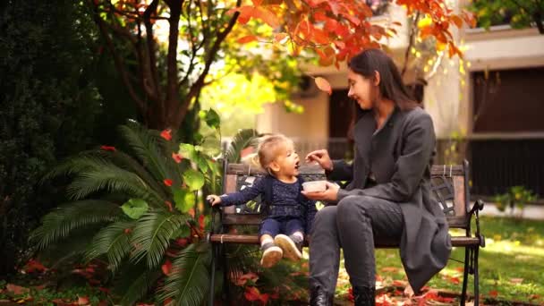 Mama Karmi Małą Dziewczynkę Łyżką Siedzącą Ławce Ogrodzie Kolorowymi Liśćmi — Wideo stockowe
