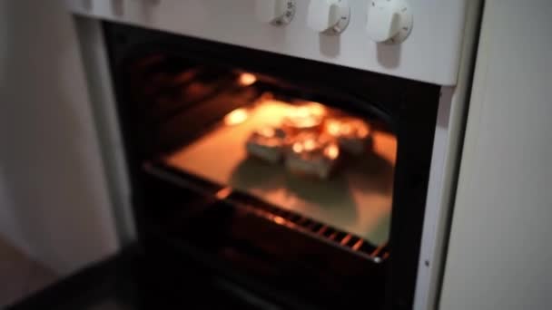 Woman Takes Cheese Covered Burgers Out Oven High Quality Footage — Wideo stockowe