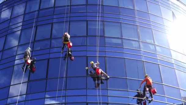 工業用登山者は高層ビルの窓を洗う 高品質4K映像 — ストック動画