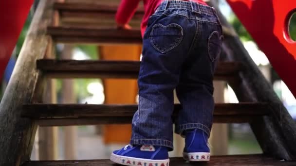 Small Child Climbs Stairs Slide Cropped Back View High Quality — Vídeo de Stock