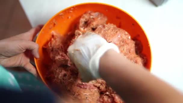 Housewife Rubber Gloves Stirs Minced Meat Bowl High Quality Footage — Stock Video