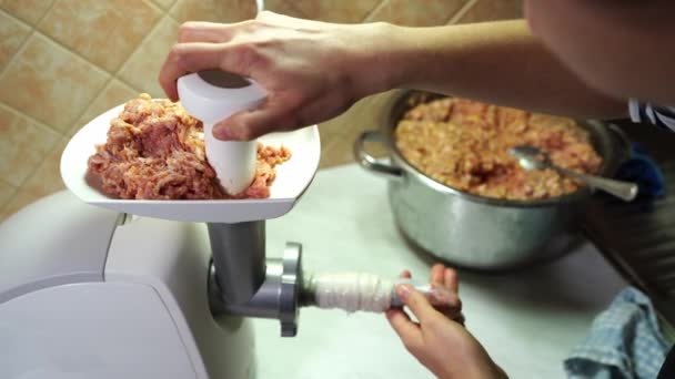 Woman Stuffs Sausages Minced Meat Electric Meat Grinder High Quality — Vídeos de Stock