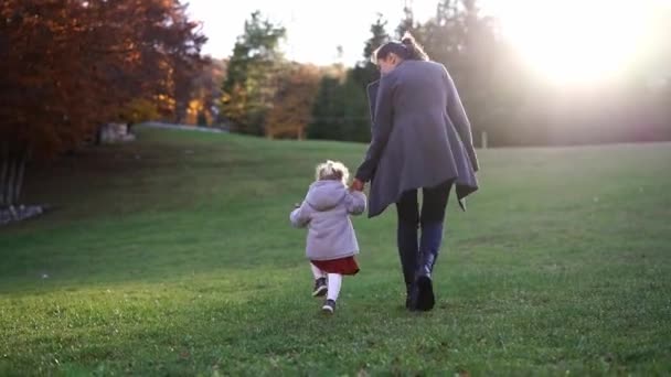 Mom Little Girl Run Green Lawn Forest Holding Hands High — Stockvideo