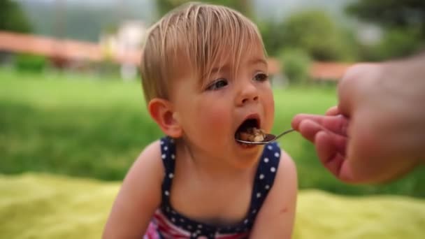 小女孩被用勺子喂在绿色的草坪上 高质量的4K镜头 — 图库视频影像
