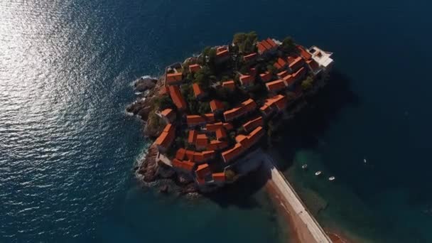Aerial View Sparkling Blue Sea Island Sveti Stefan Montenegro High — Stock videók